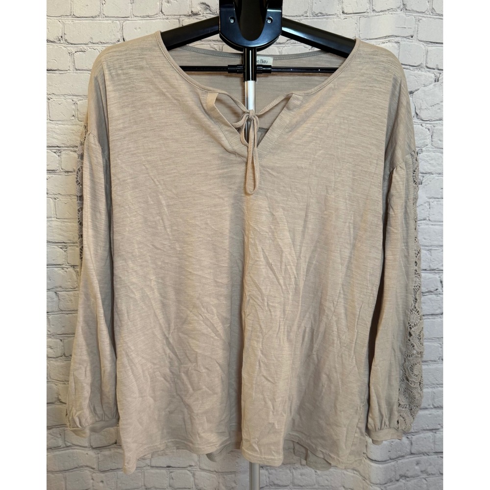 Cotton Bleu Tan Beige Crochet Lace Long Sleeve Tie‎ Neck Blouse Top Large